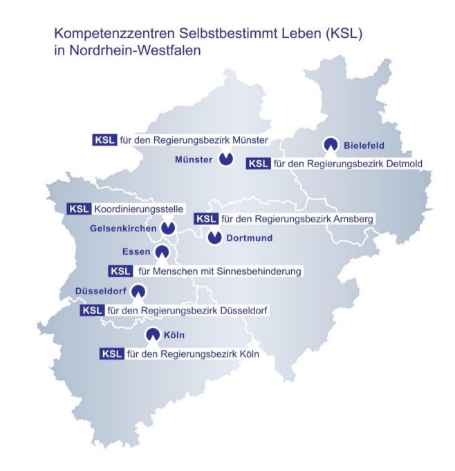 Eine Karte von NRW, die die verschiedenen Standorte der KSL.NRW zeigt. (c) KSL NRW